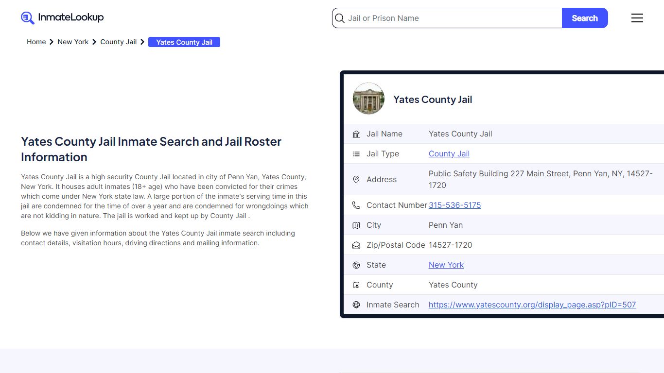 Yates County Jail Inmate Search and Jail Roster Information - Inmate Lookup