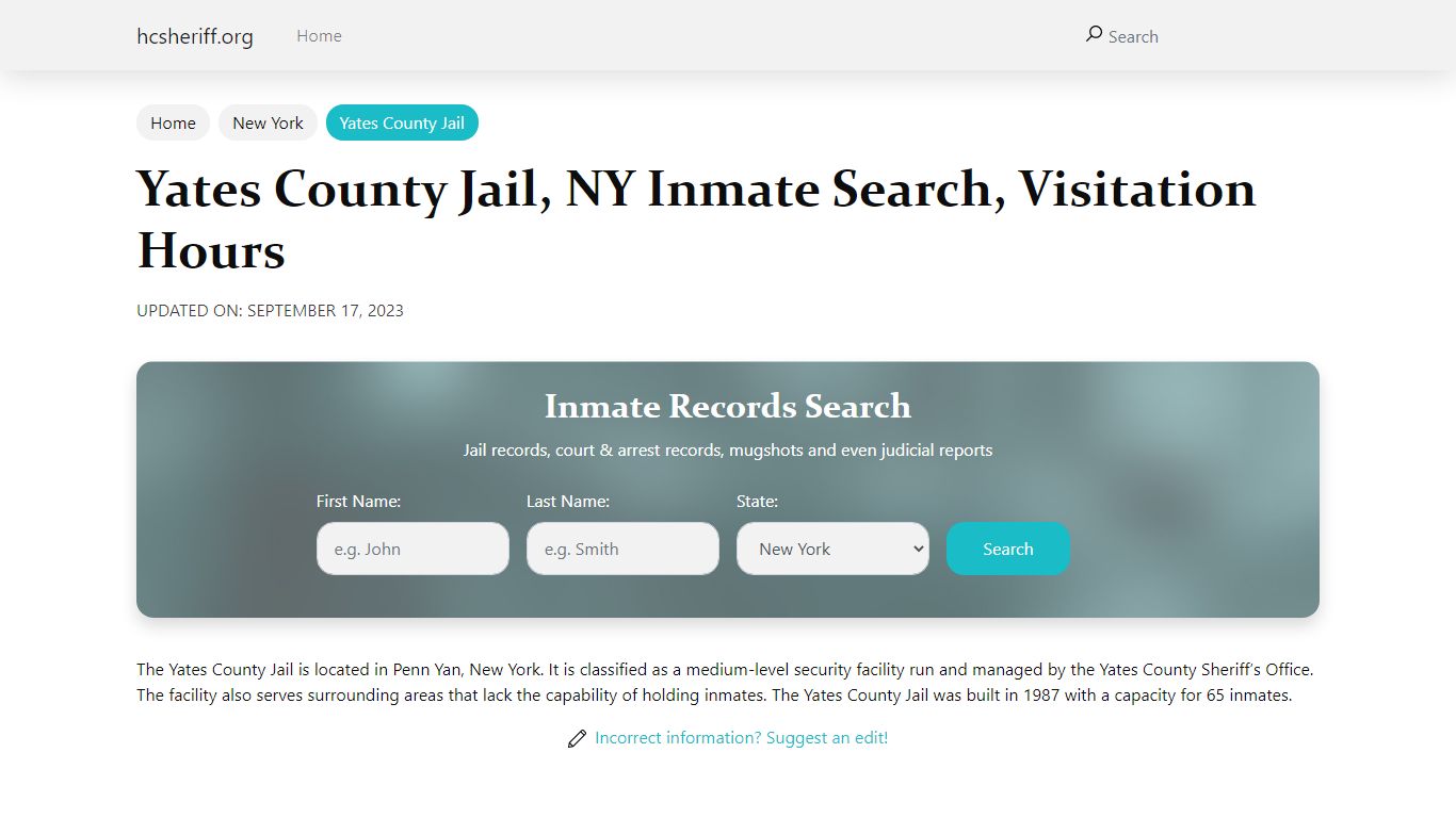 Yates County Jail, NY Inmate Search, Visitation Hours